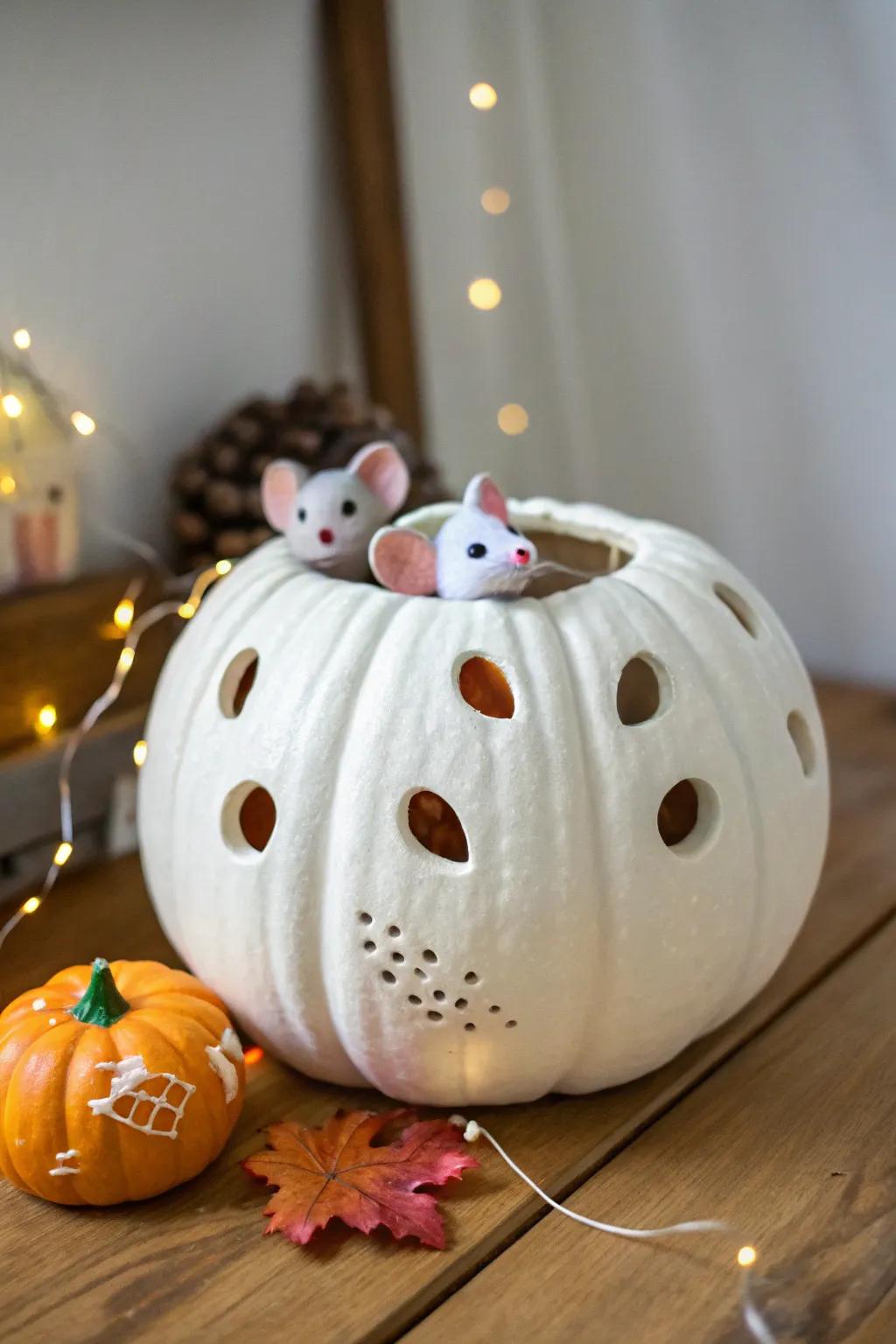 A playful pumpkin design featuring a rodent invasion theme.
