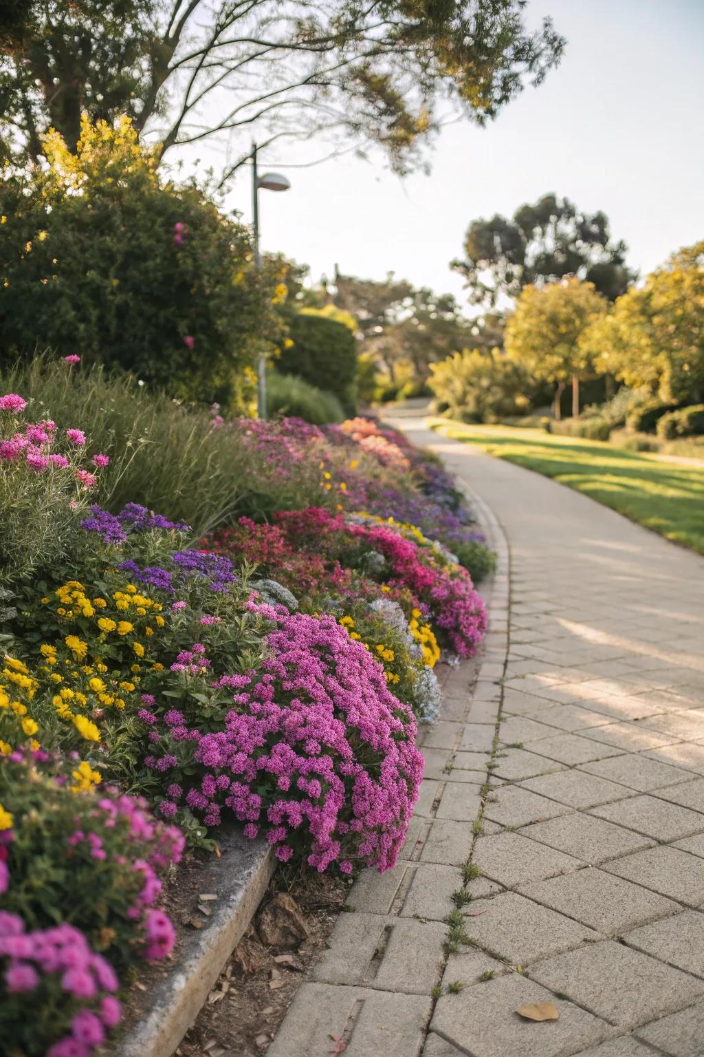 A garden path bordered by a vibrant blossom border.