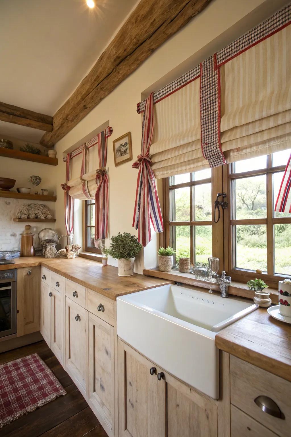 Swedish blinds adding eclectic charm in a country kitchen.