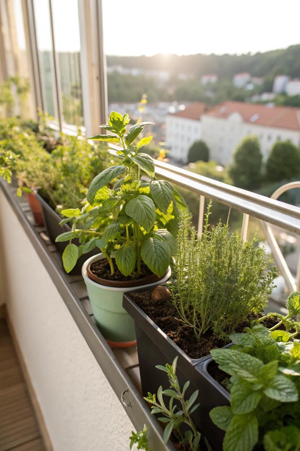 A kitchen nook with mint and herbs in a window box