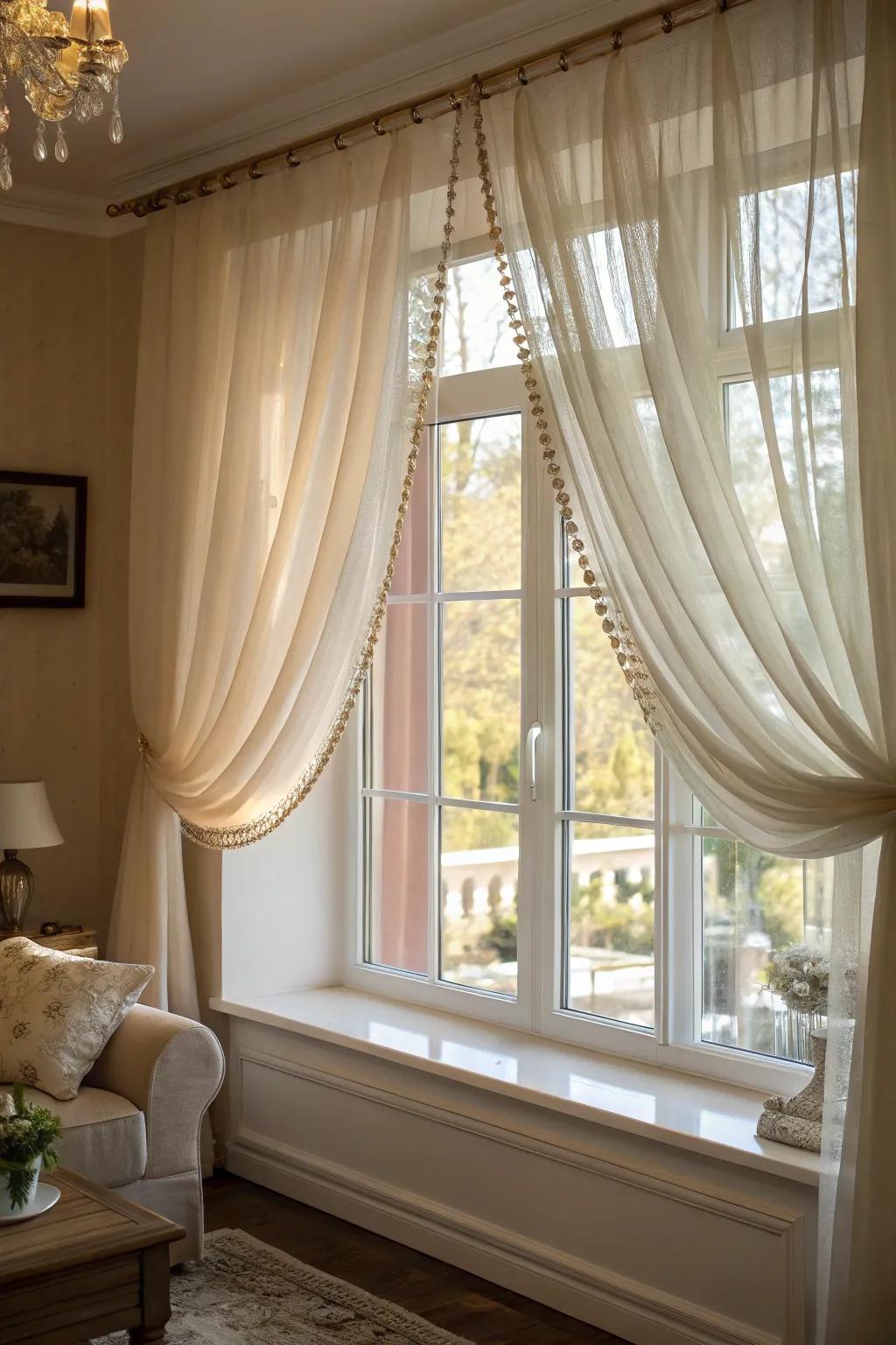 Add a romantic touch to your windows with delicate sheer overlays.