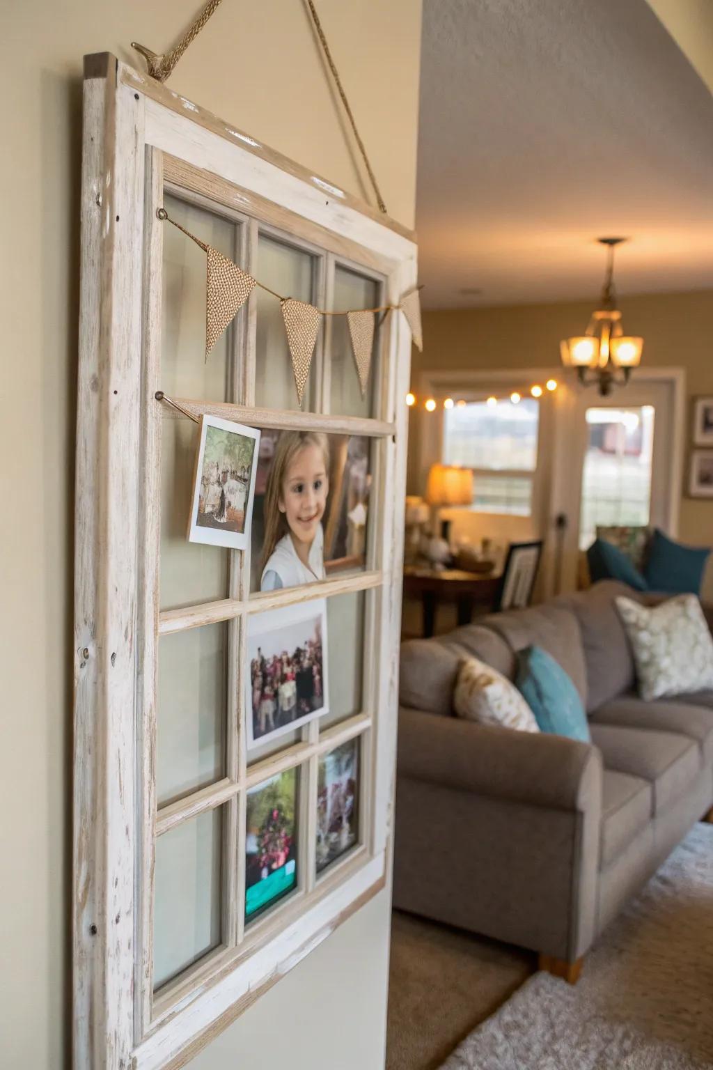Window frames used as picture frames craft individualized decor.