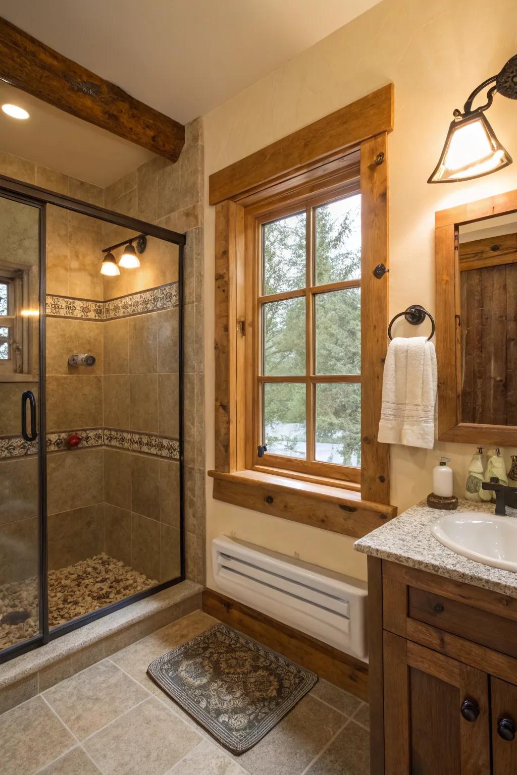 A wooden-framed window adds rustic allure to the shower.