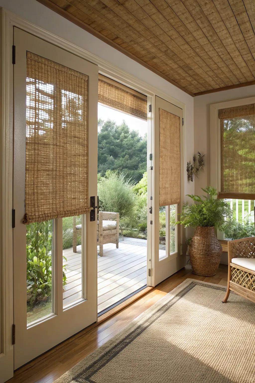 Interwoven wood blinds contribute configuration and inherent comfort.