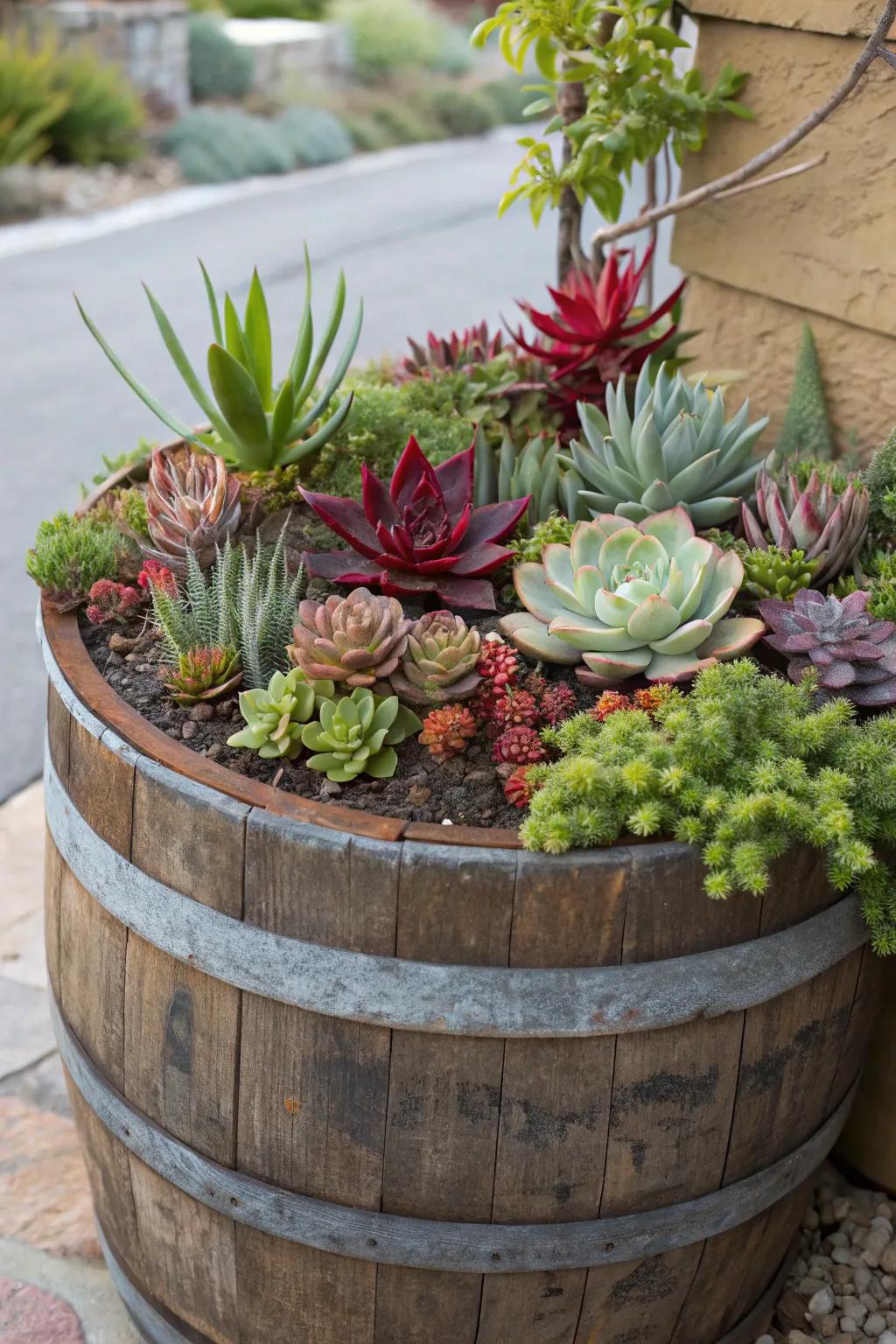 A vibrant succulent garden thriving in a wine barrel.