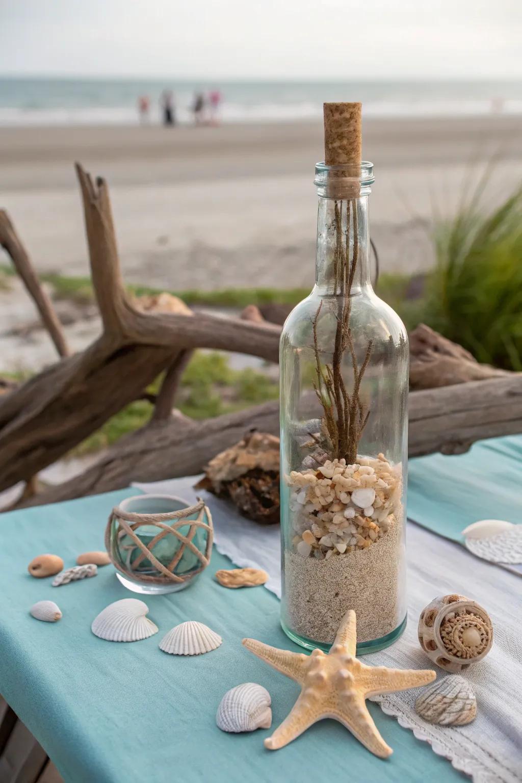 Grit and shells create a coastal vibe in a grape juice bottle vase.