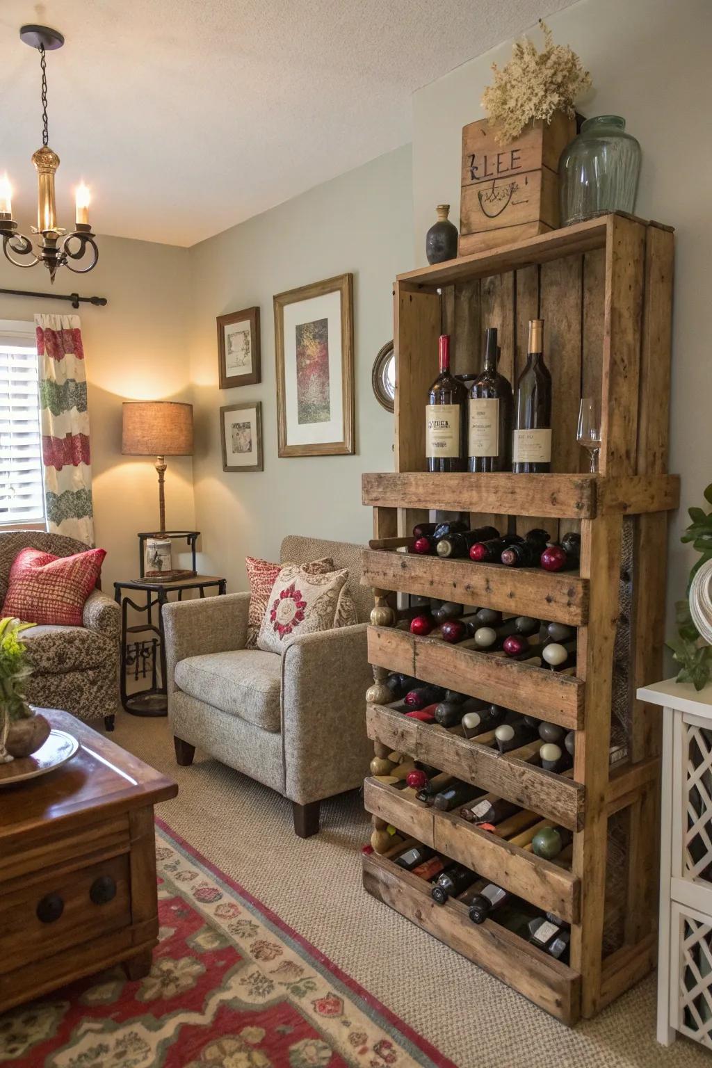 A handmade rack made from pallet wood, contributing unique charm.