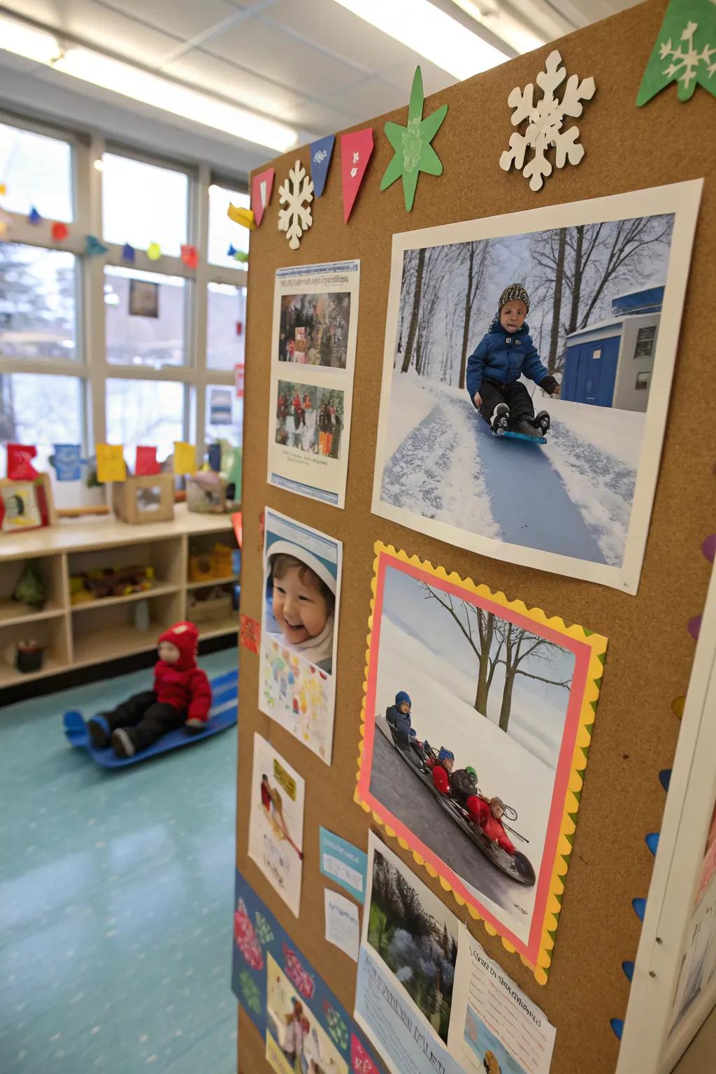 Children's sledding escapades spring to life on the bulletin board.