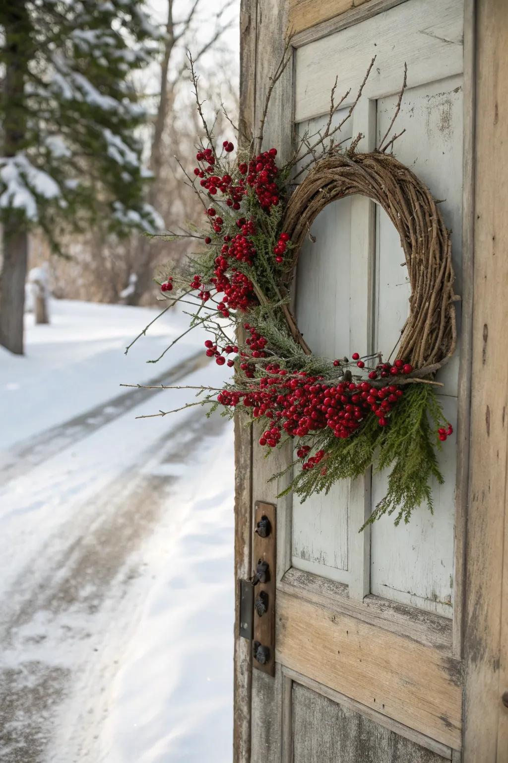 A twig and berry circle offers rustic charm.