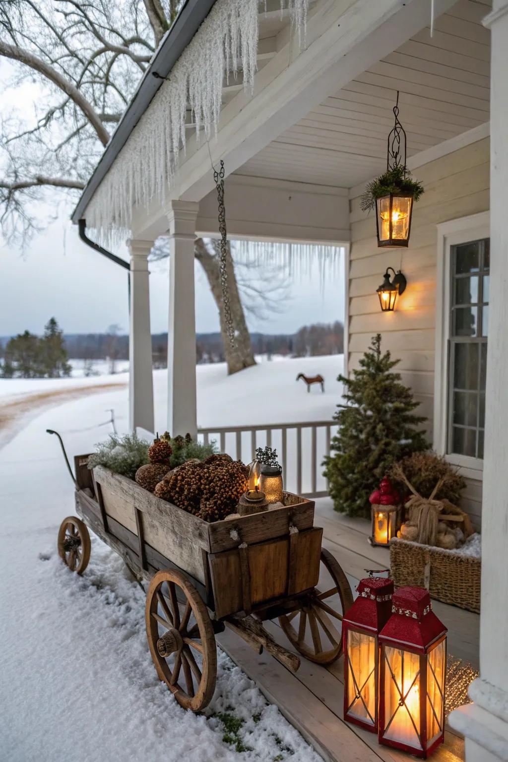 A vintage transporter contributes charm and individuality to this winter porch.