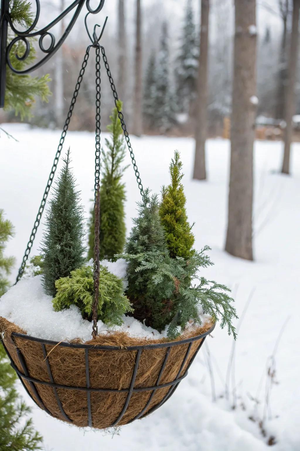 Miniature conifers create a whimsical forest feel.