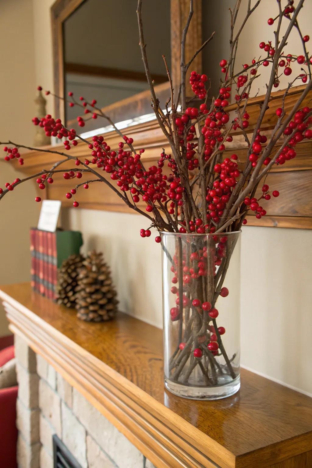 Berry branches provide a vibrant contrast in winter decor.