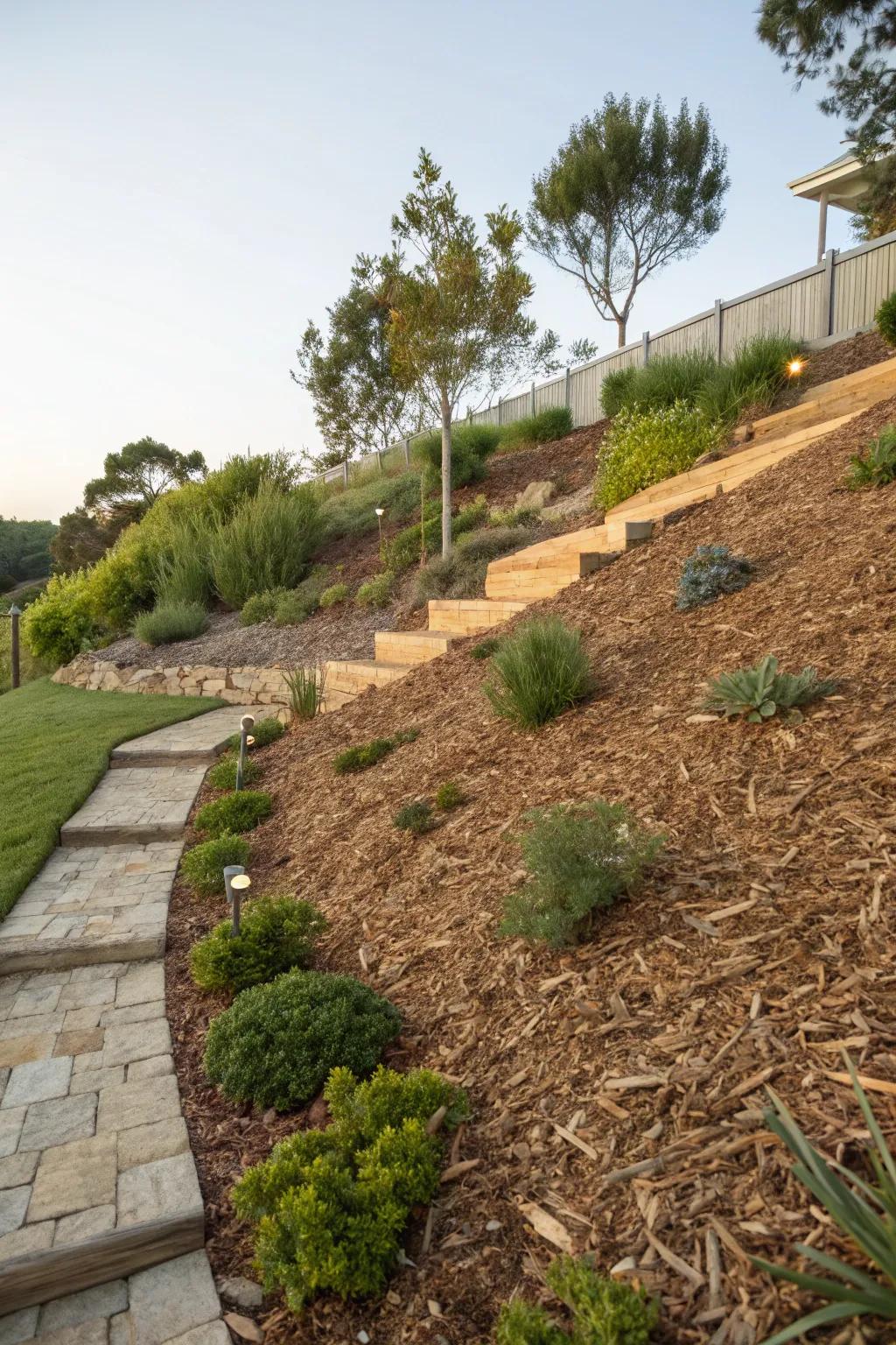 Wood chips assist in managing erosion on garden slopes.