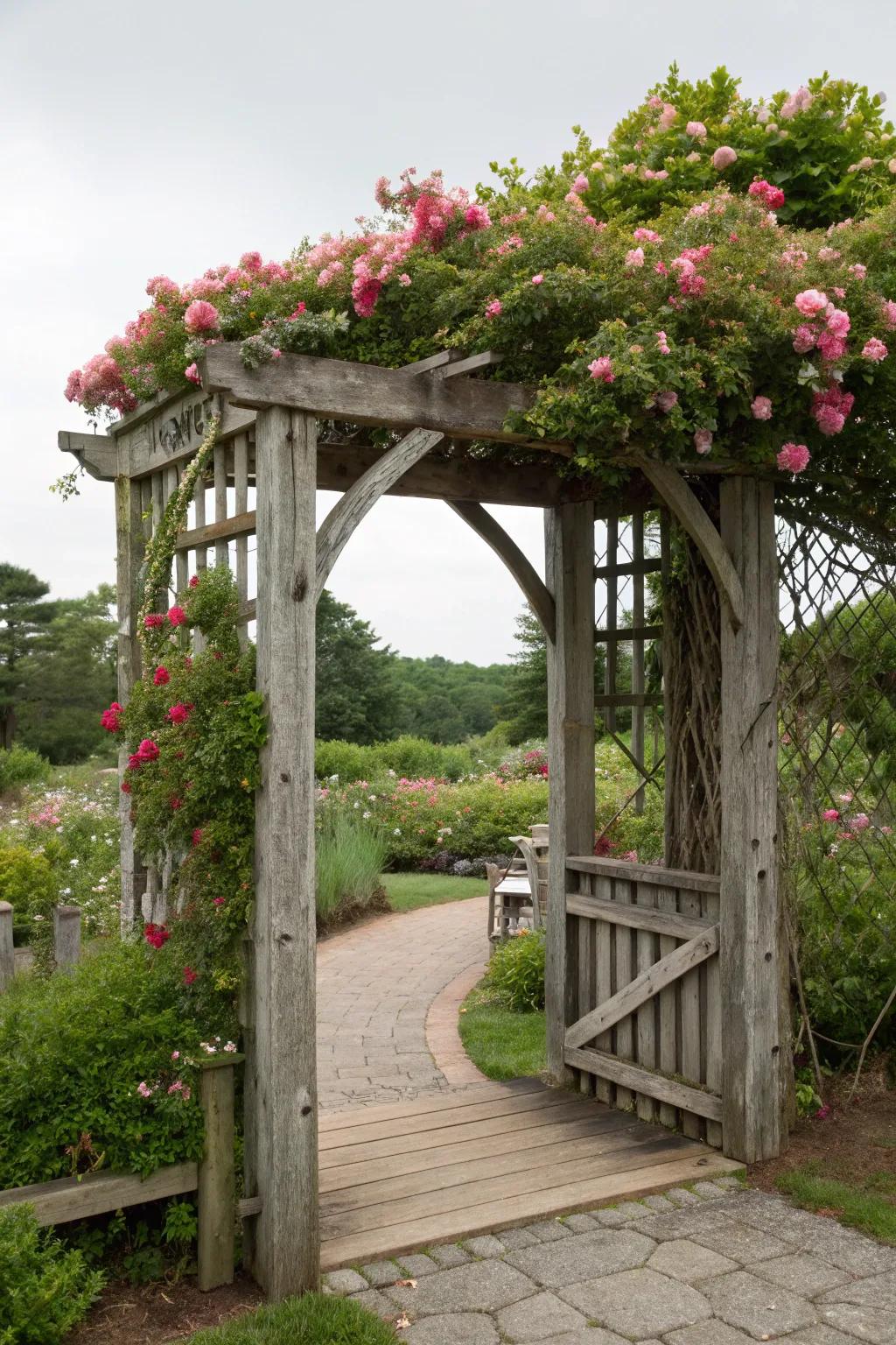 Greet visitors with a charming timber arbor.
