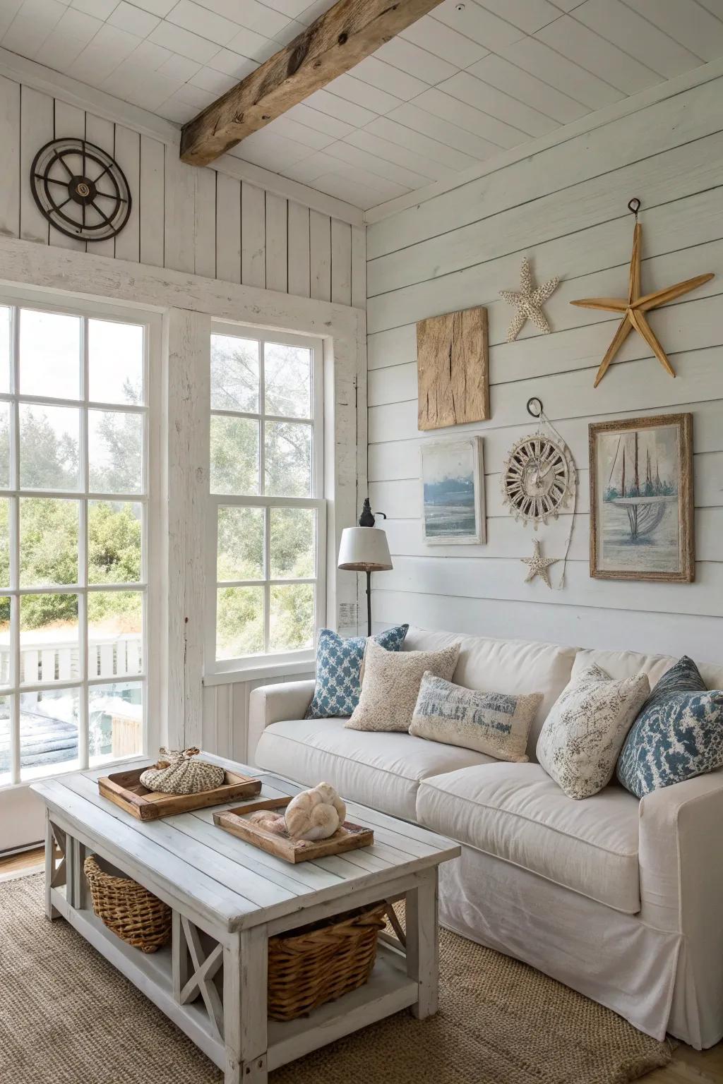 Whitewashed panels evoke a bright and airy ambiance.