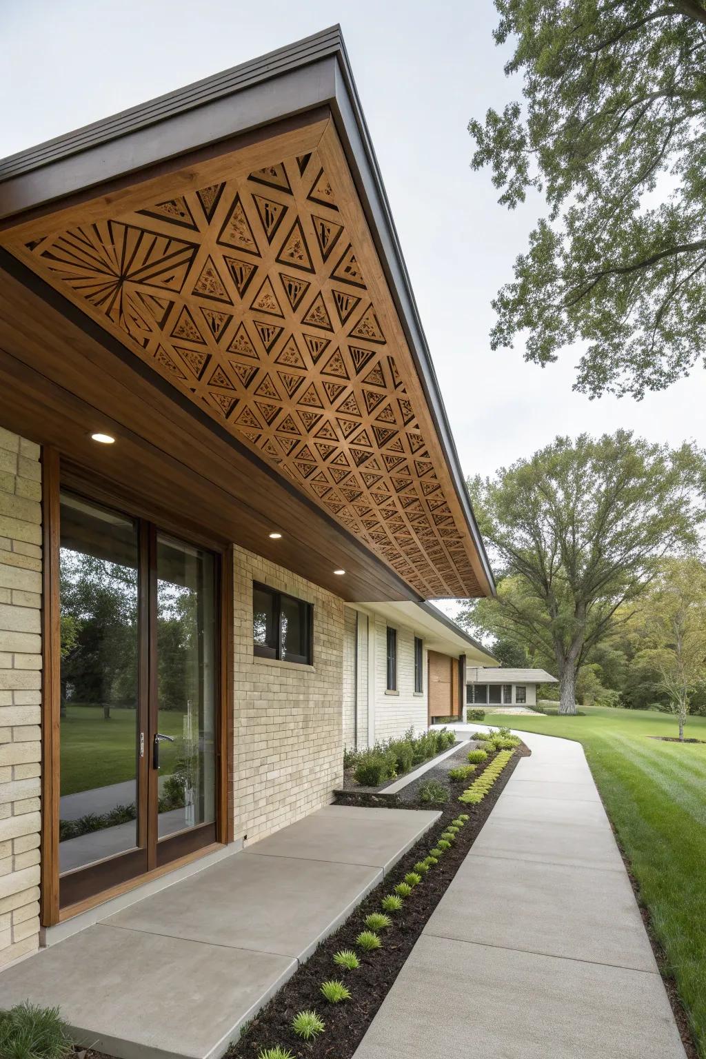 Geometric patterns in timber soffits add artistic flair.