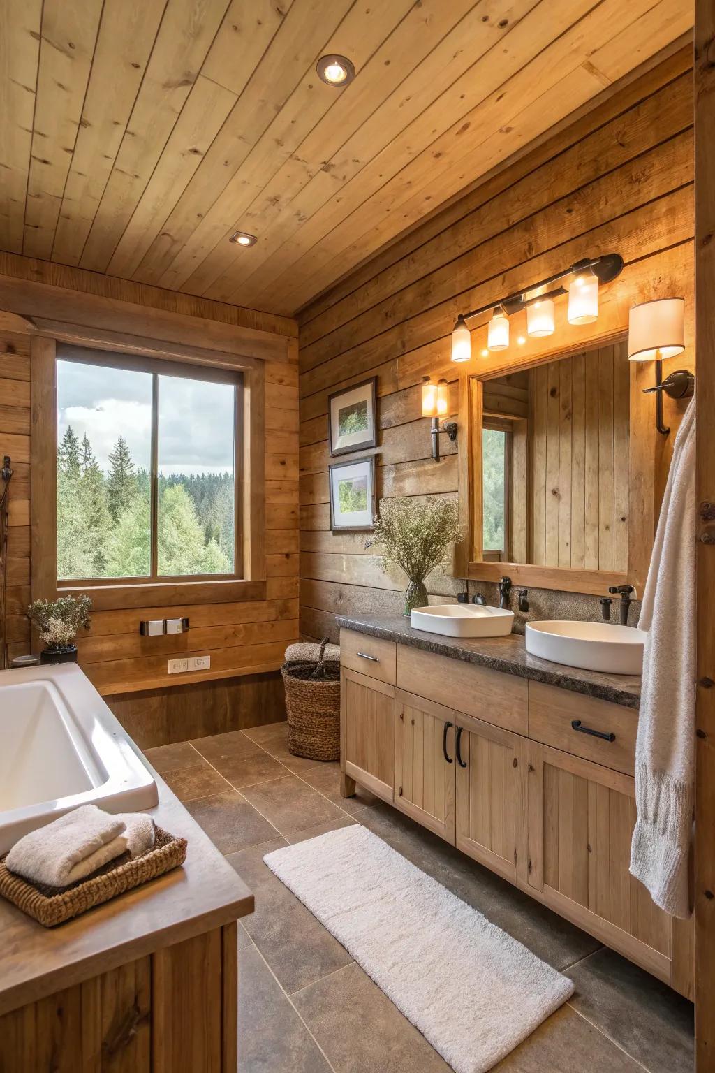Natural shades enhance the warmth of wood walls in this bathroom.