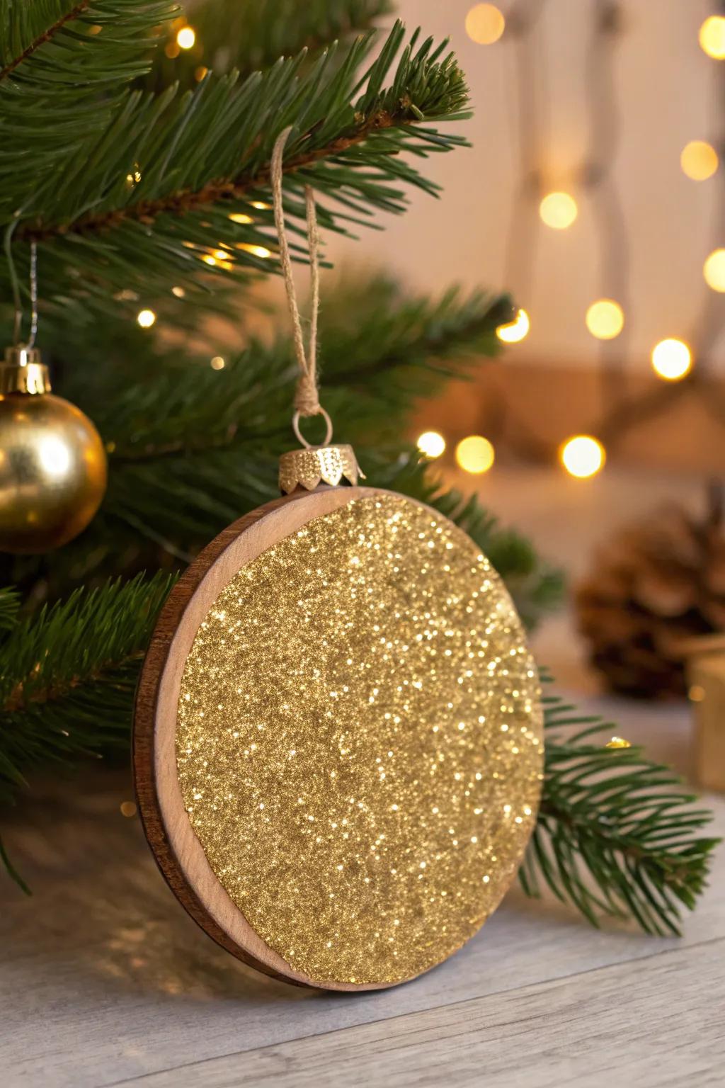Golden sparkle transforms this wooden ornament into a festive jewel.