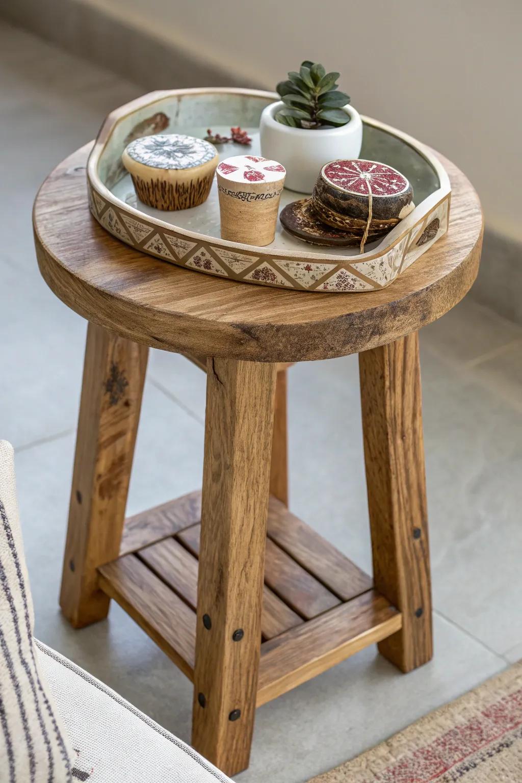 A side table, both versatile and practical, crafted from a classic wooden stool.