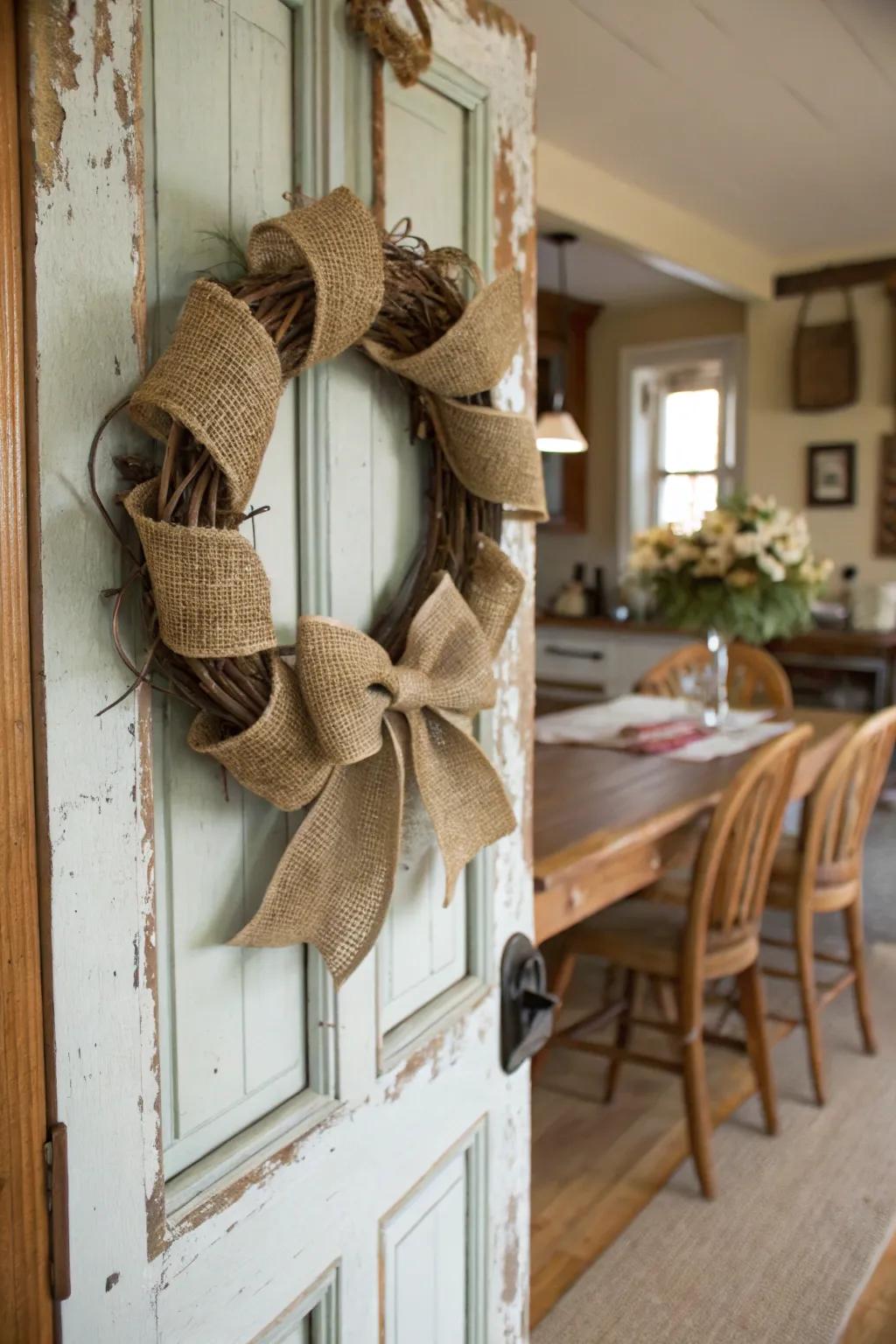 A wreath welcoming with rural warmth.