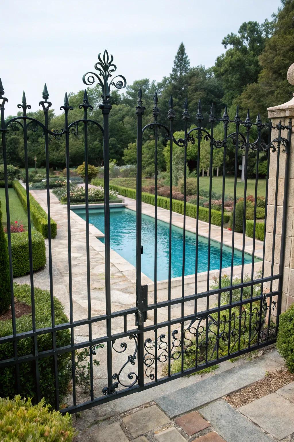 Wide spacing in the forged metal fence maintains open views of the pool.