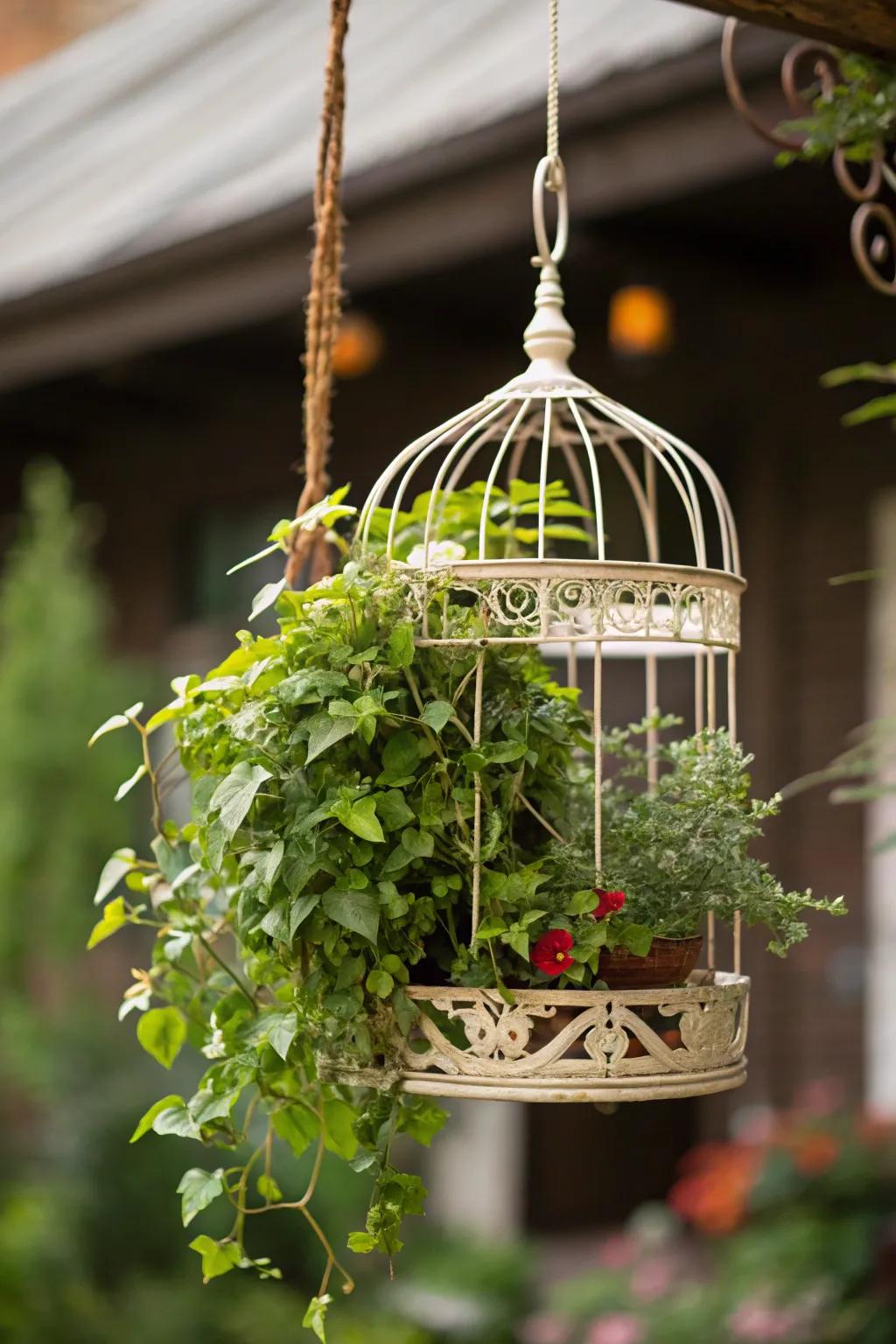 Hanging avian cage blossom beds inject an enchanting element into the garden.