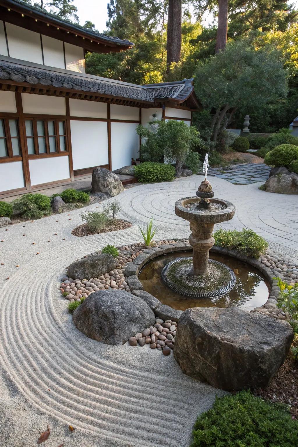 A Zen garden fountain spreading peace and serenity throughout the space.