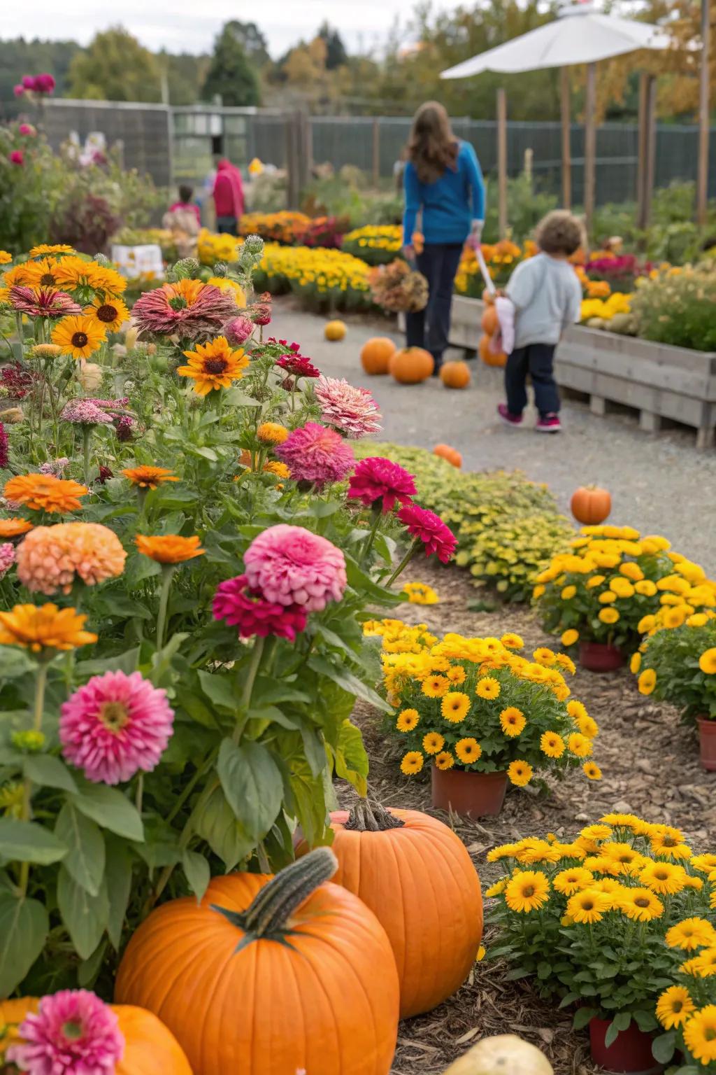 A playful children's garden showcasing zinnias, sunflowers, and pumpkins.