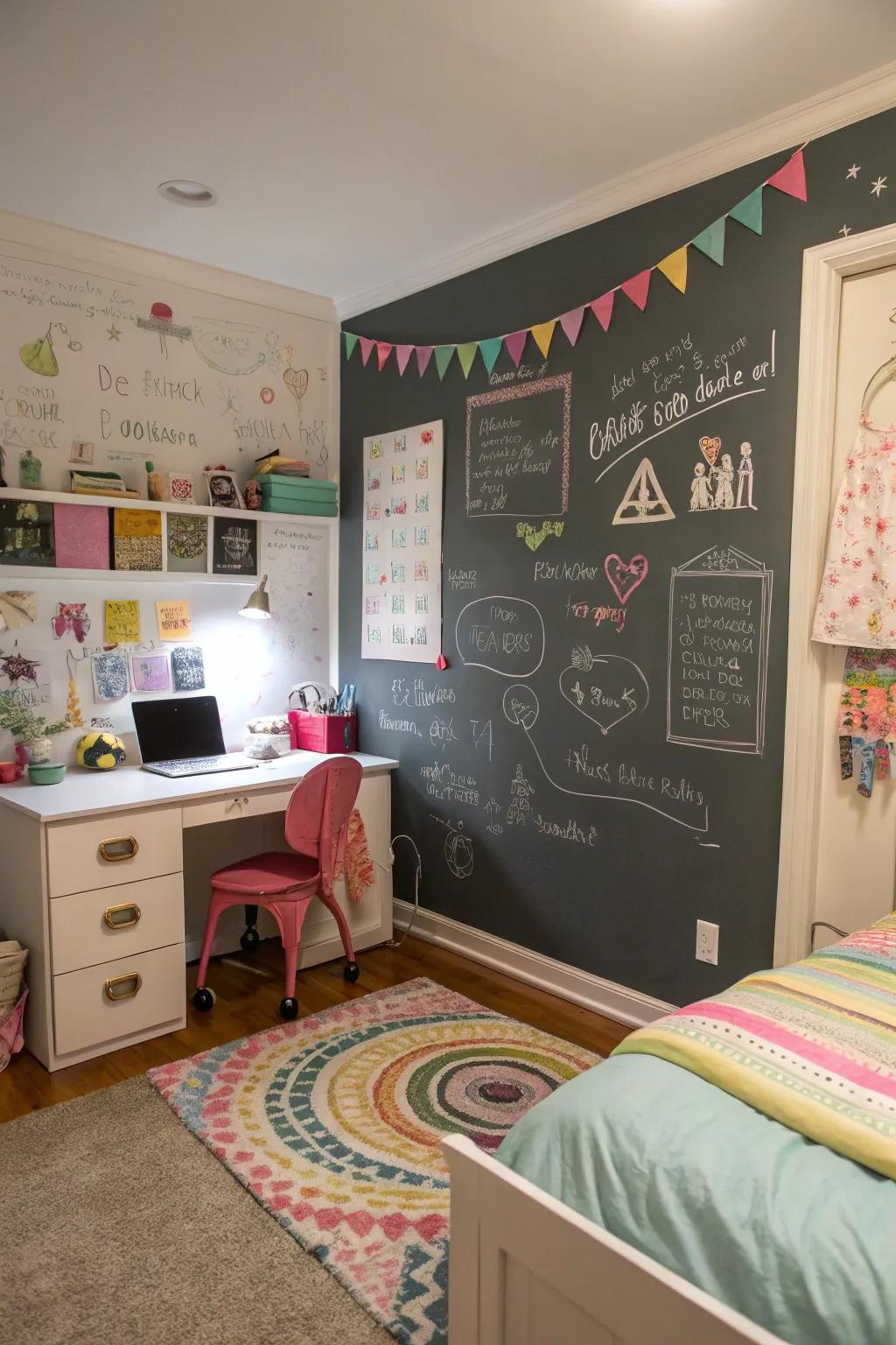 A chalkboard wall is ideal for creative expression and changing designs.