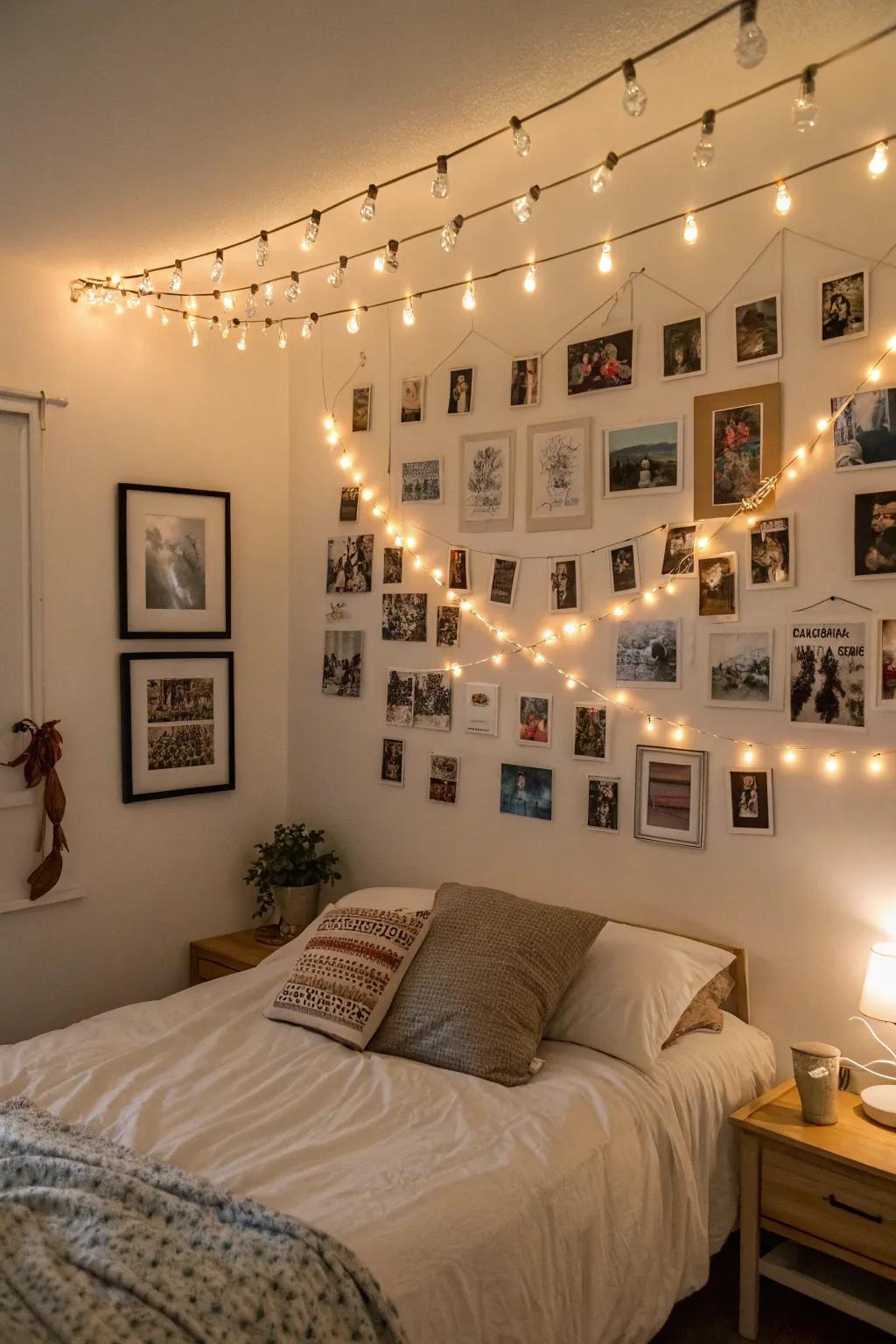 A gallery wall illuminated with LED fastener lights showcases personal memories.