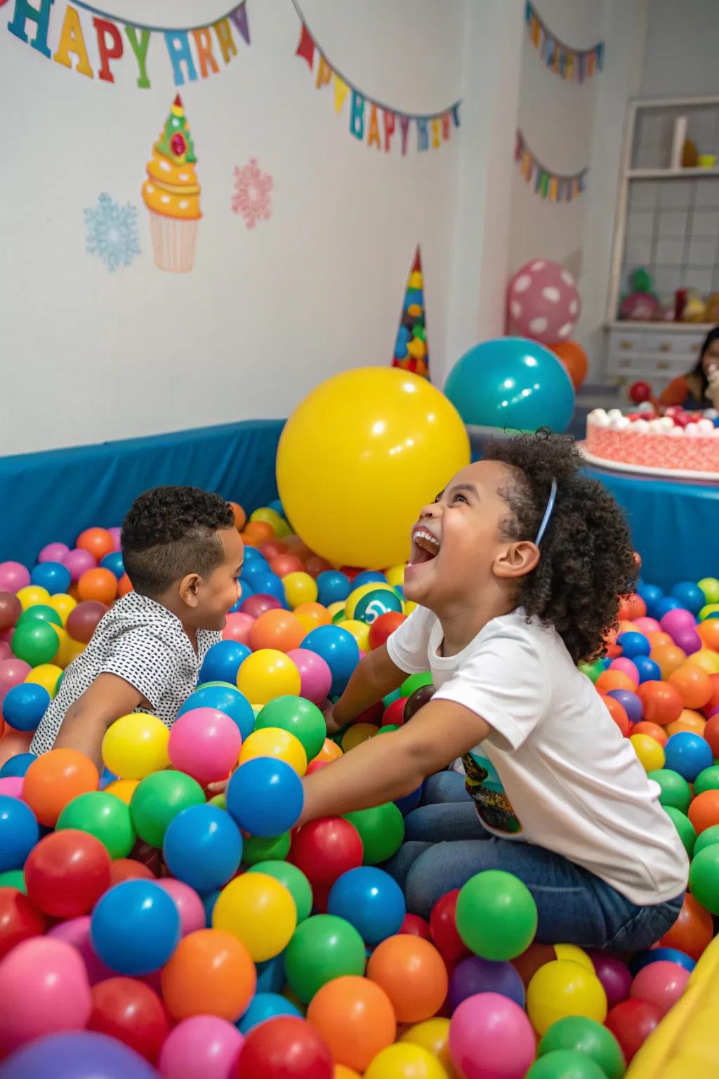 A vibrant ball area ensures giggles and joy at a first birthday party.