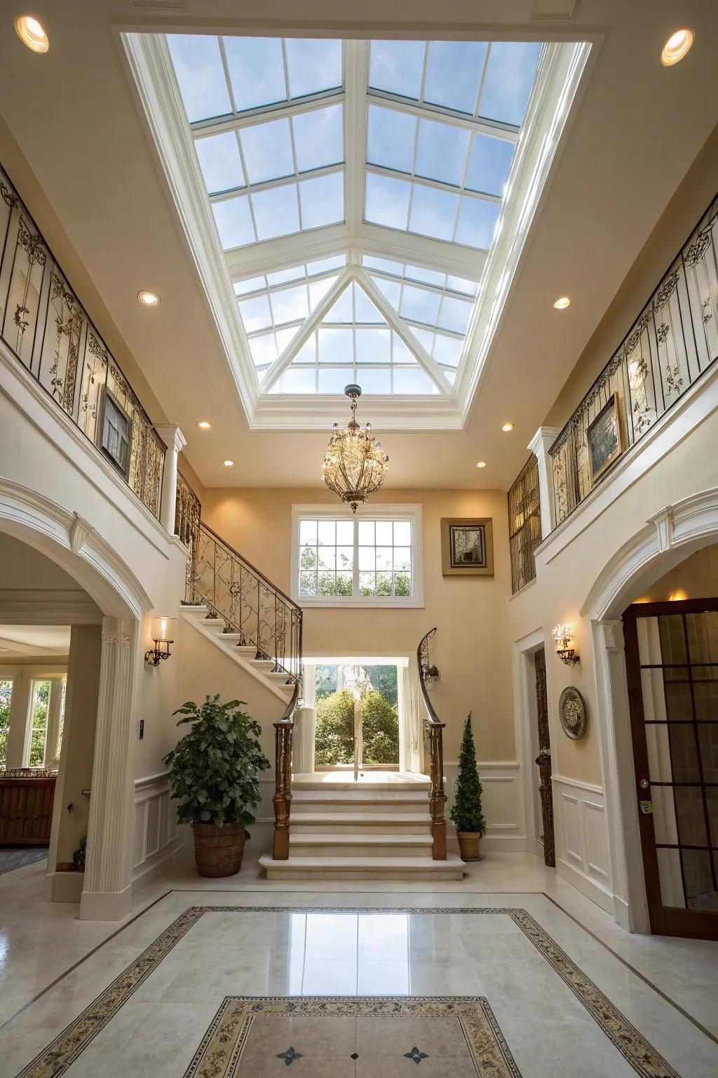 Overhead windows introduce natural light and enhance the foyer's airy feel.
