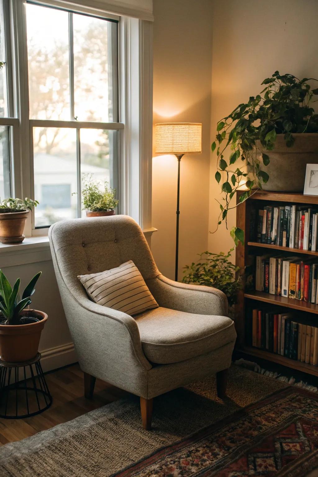 A reading nook provides a private space for relaxation and reading.