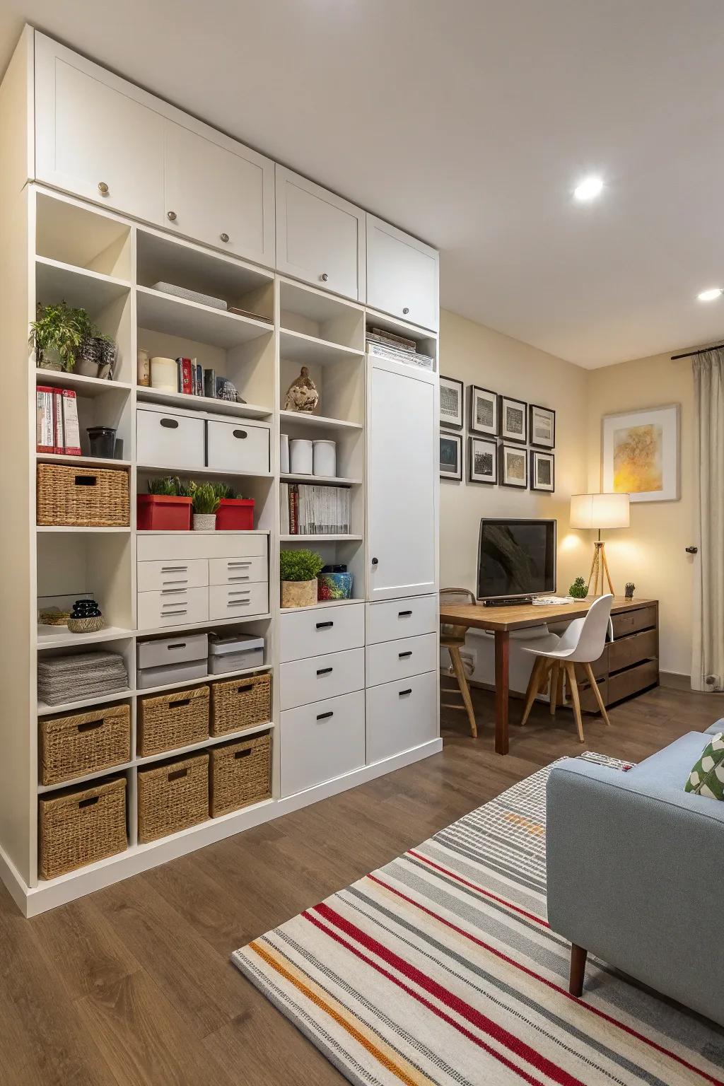 Built-in storage walls maximize organization and space