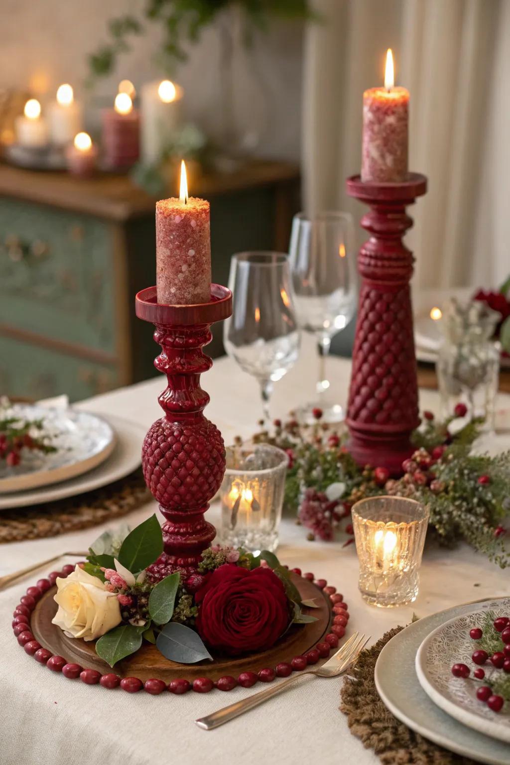 Handmade rouge candle stands create a cozy atmosphere.