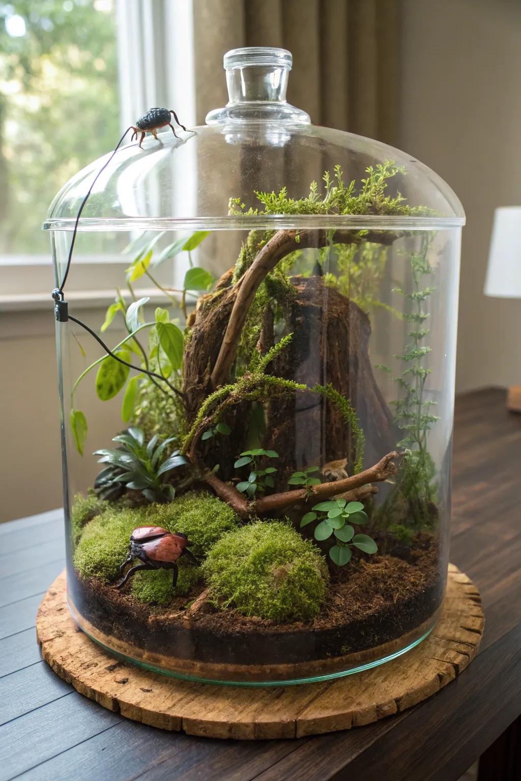 An educational bug habitat terrarium with beetles.