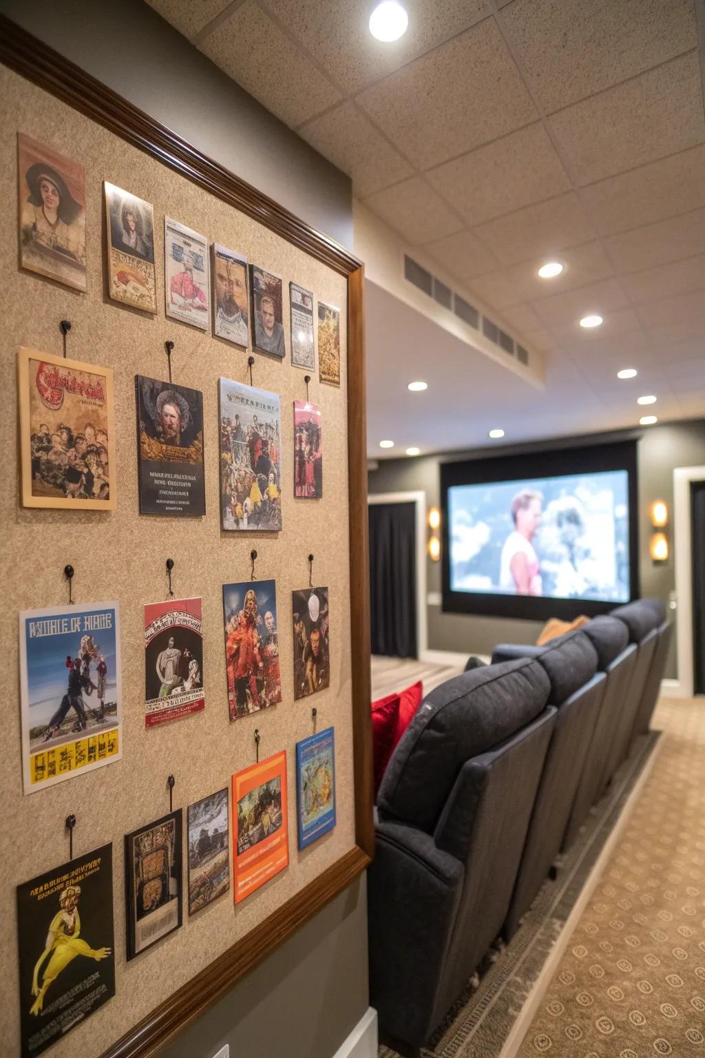 Timeless 80s film advertisements on a pinboard in a home cinema.