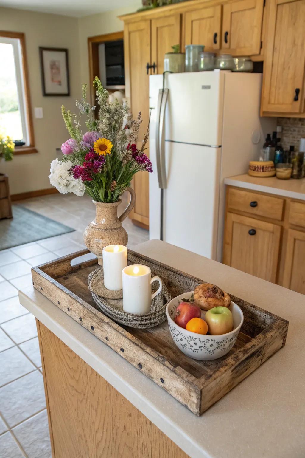 A wood tray brings a country feel and neatness.