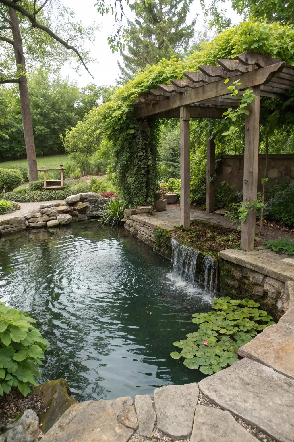 An overhead frame provides shade and structure to this exquisite pond setting.