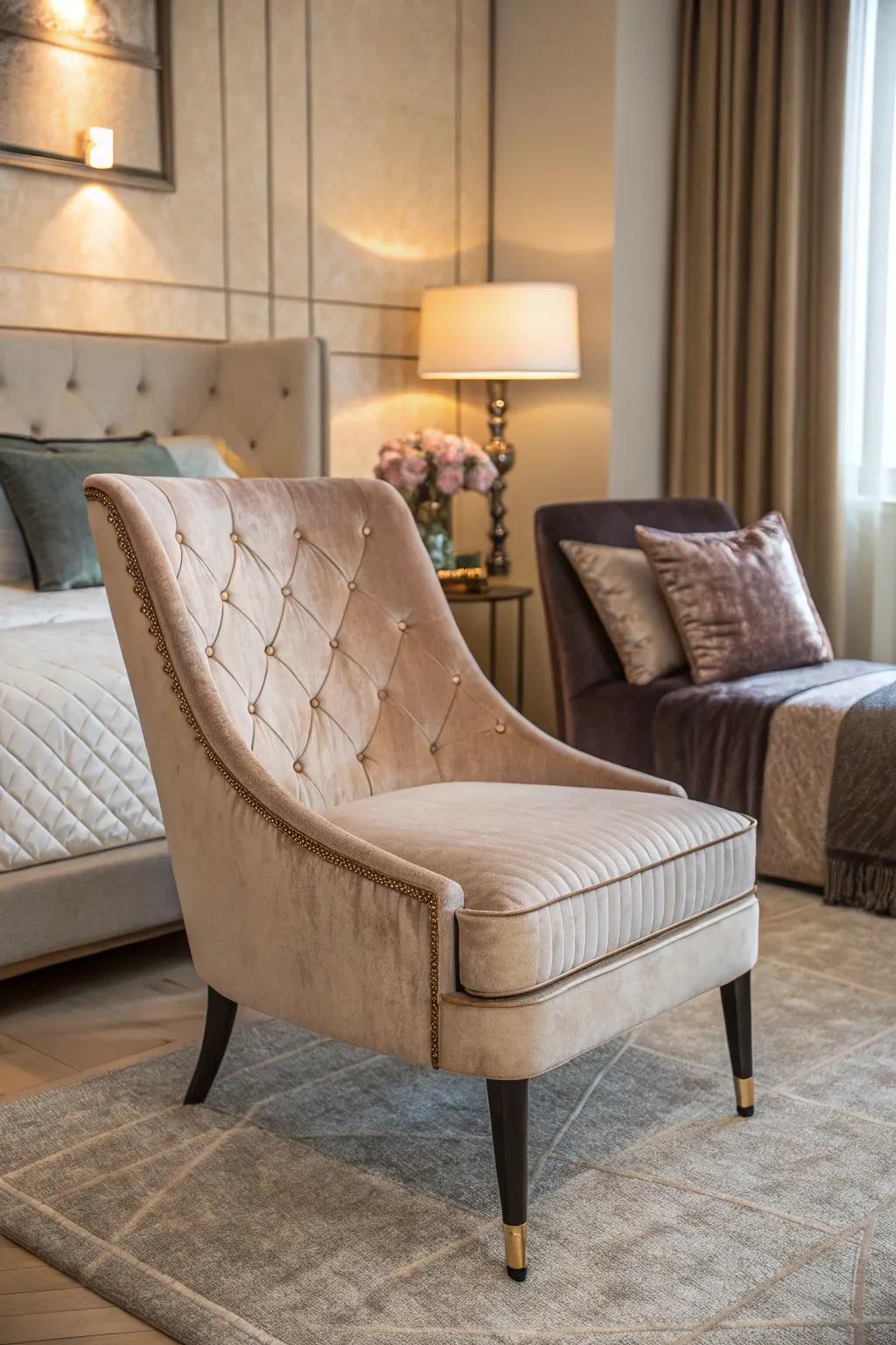 A velvet chair adds a touch of richness to the bedroom.