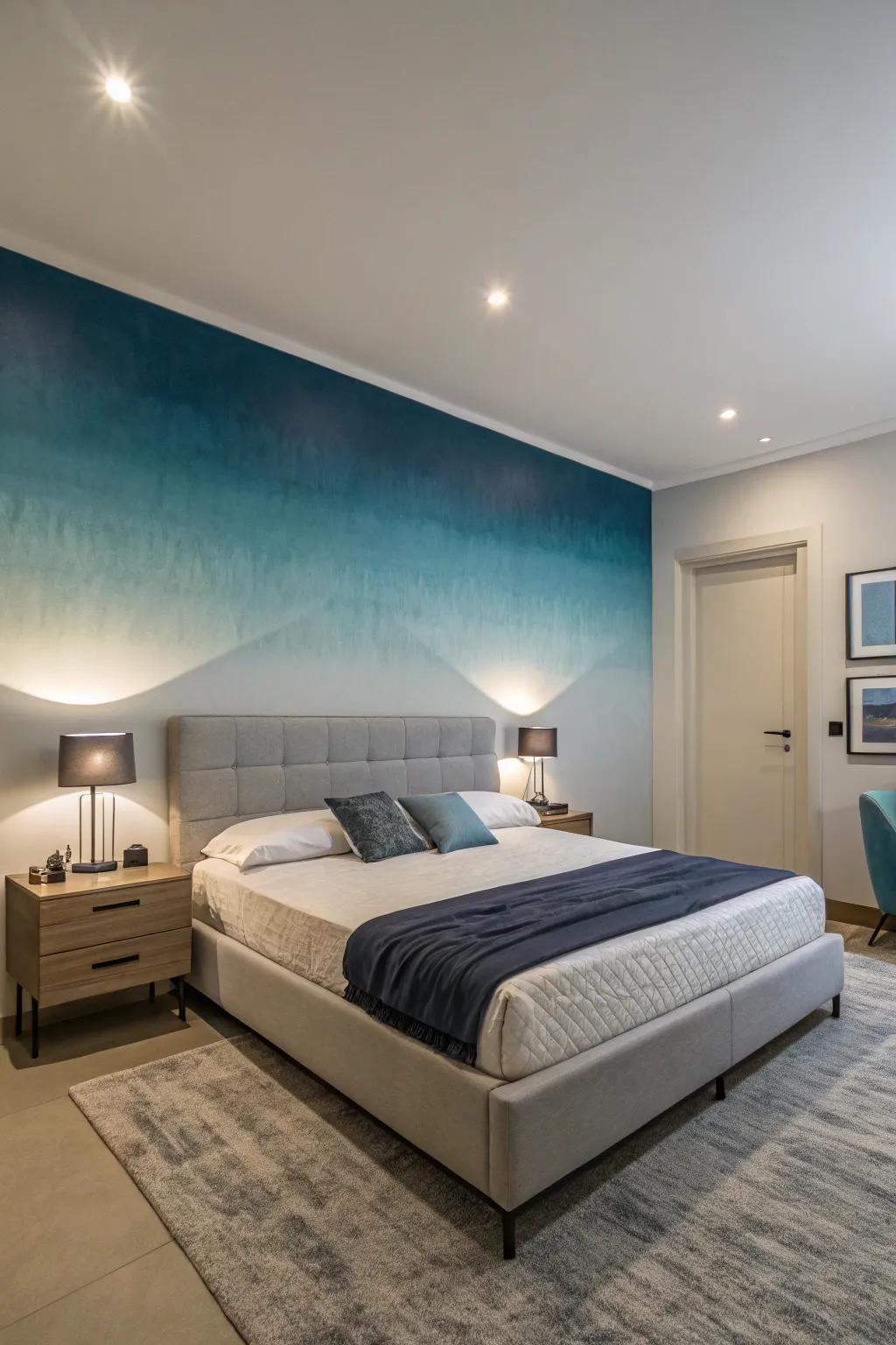 Gradient effects on the accent wall bring dynamic depth to the bedroom.