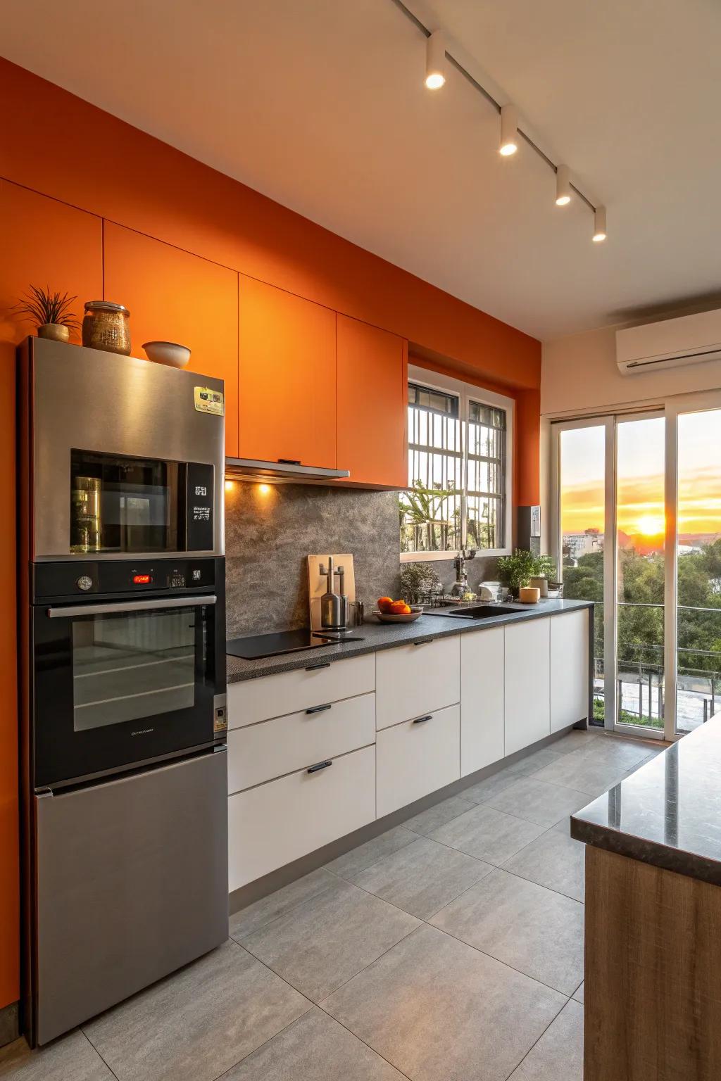 A comforting cooking area featuring a dusk-inspired accent wall.