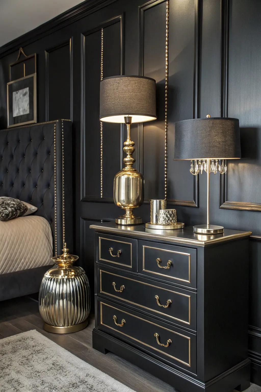 A black bedroom featuring metal accents in decor and fixtures.