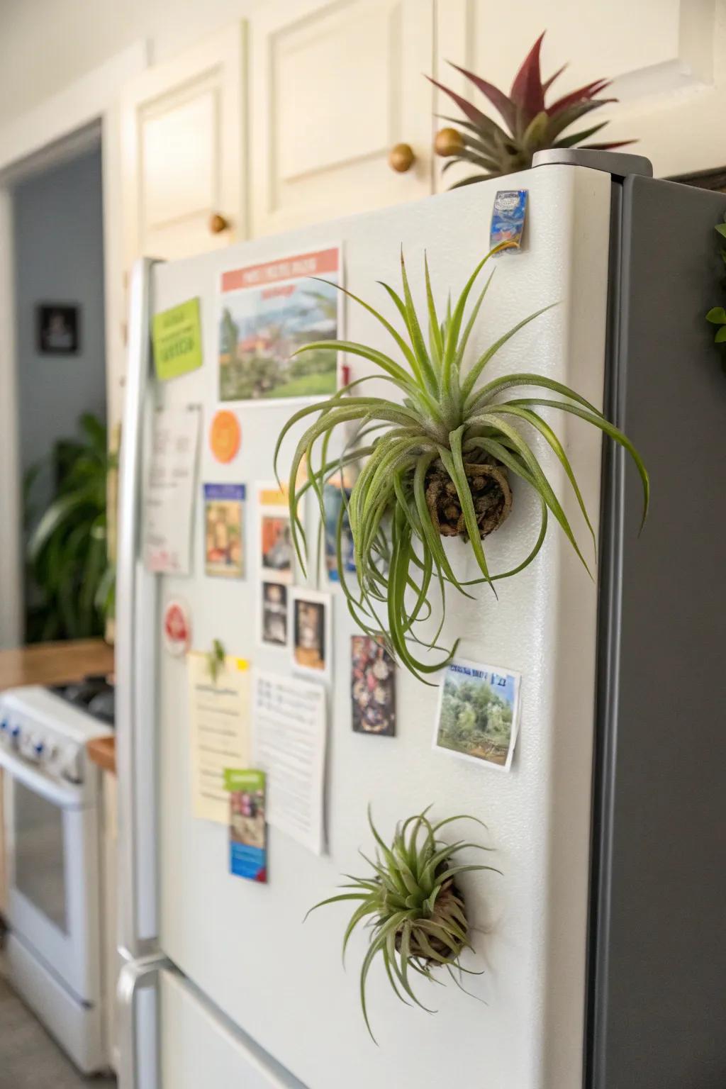 Magnetic air plants playfully bringing life to kitchen spaces.