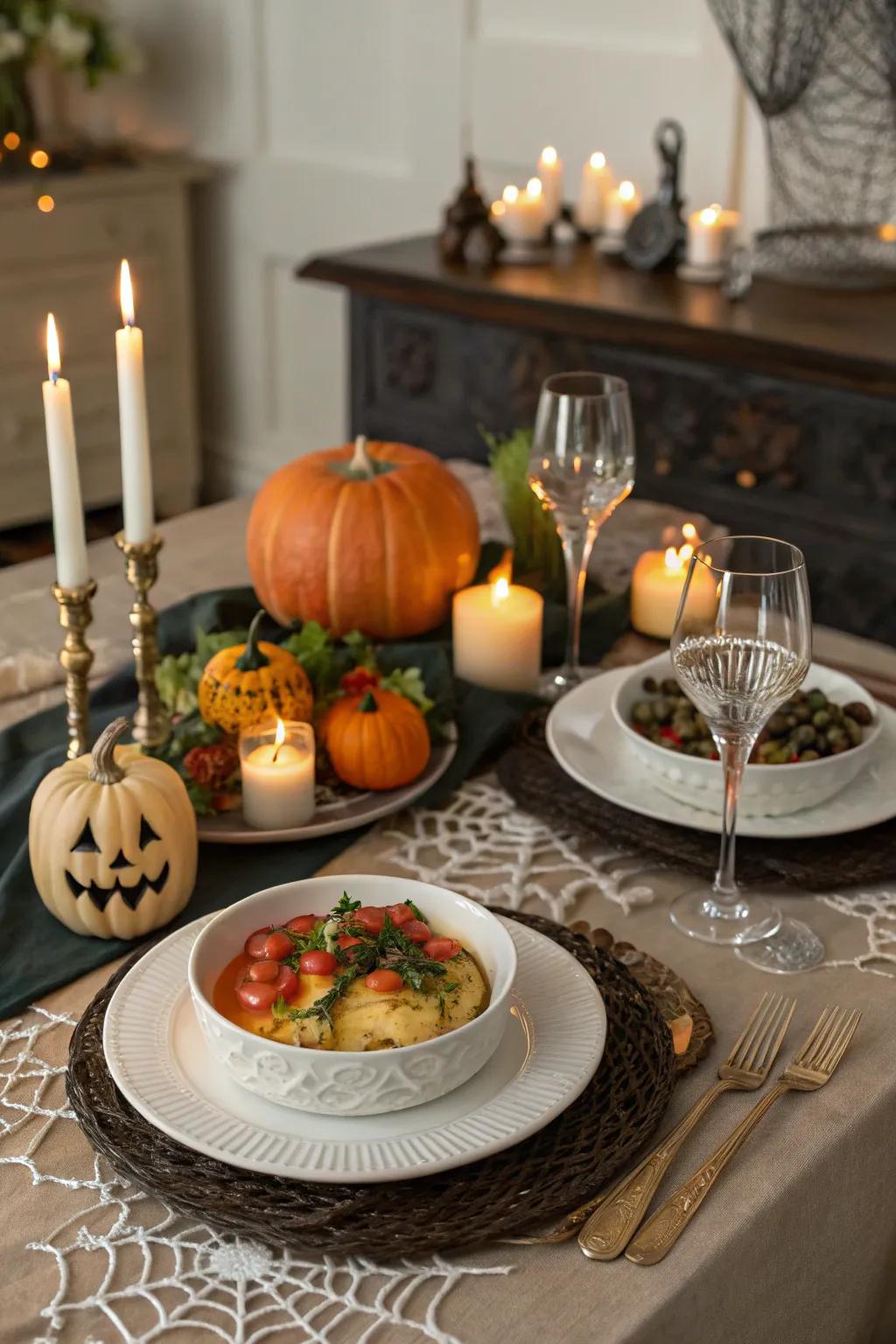 A gourmet dining arrangement for a Halloween feast.