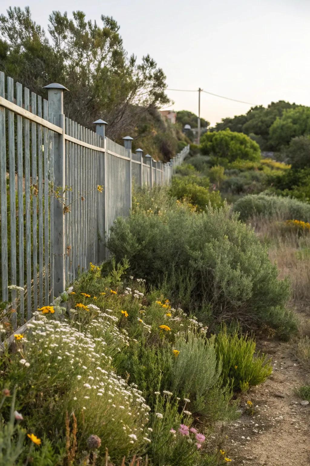 Natural plantings merge fences into the surroundings.