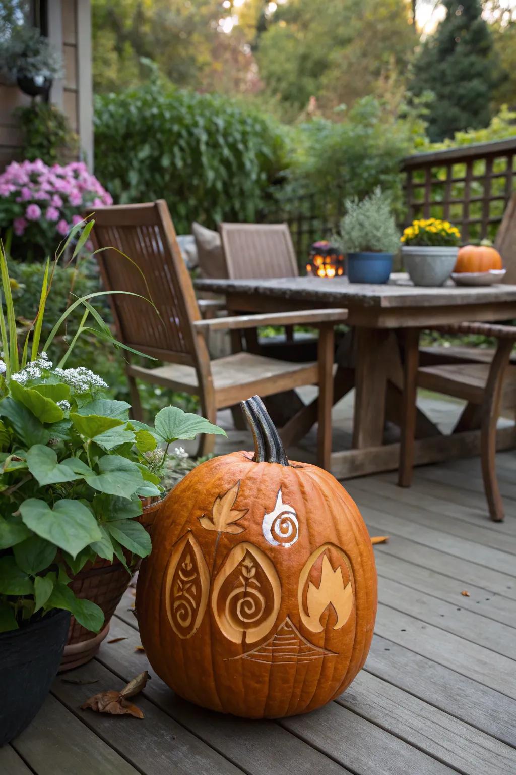 Impart a mystical sentiment with elemental anime imagery pumpkins.