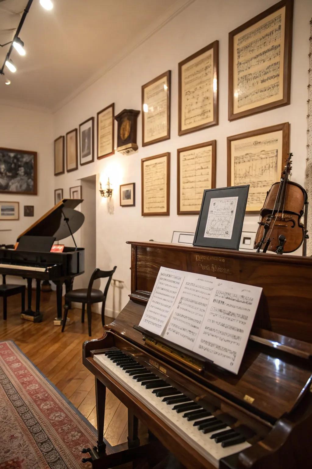 Encapsulated melodic scores append literary and melodic allure.