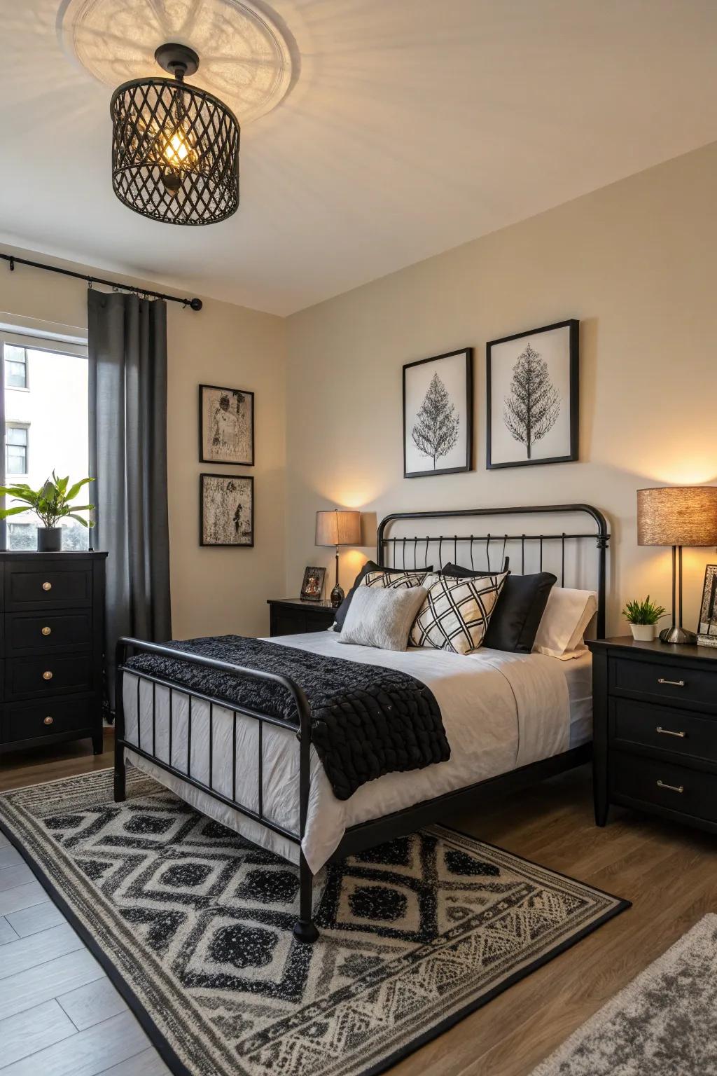 Sleek dark accents in the d&eacute;cor enhance this apartment bedroom.