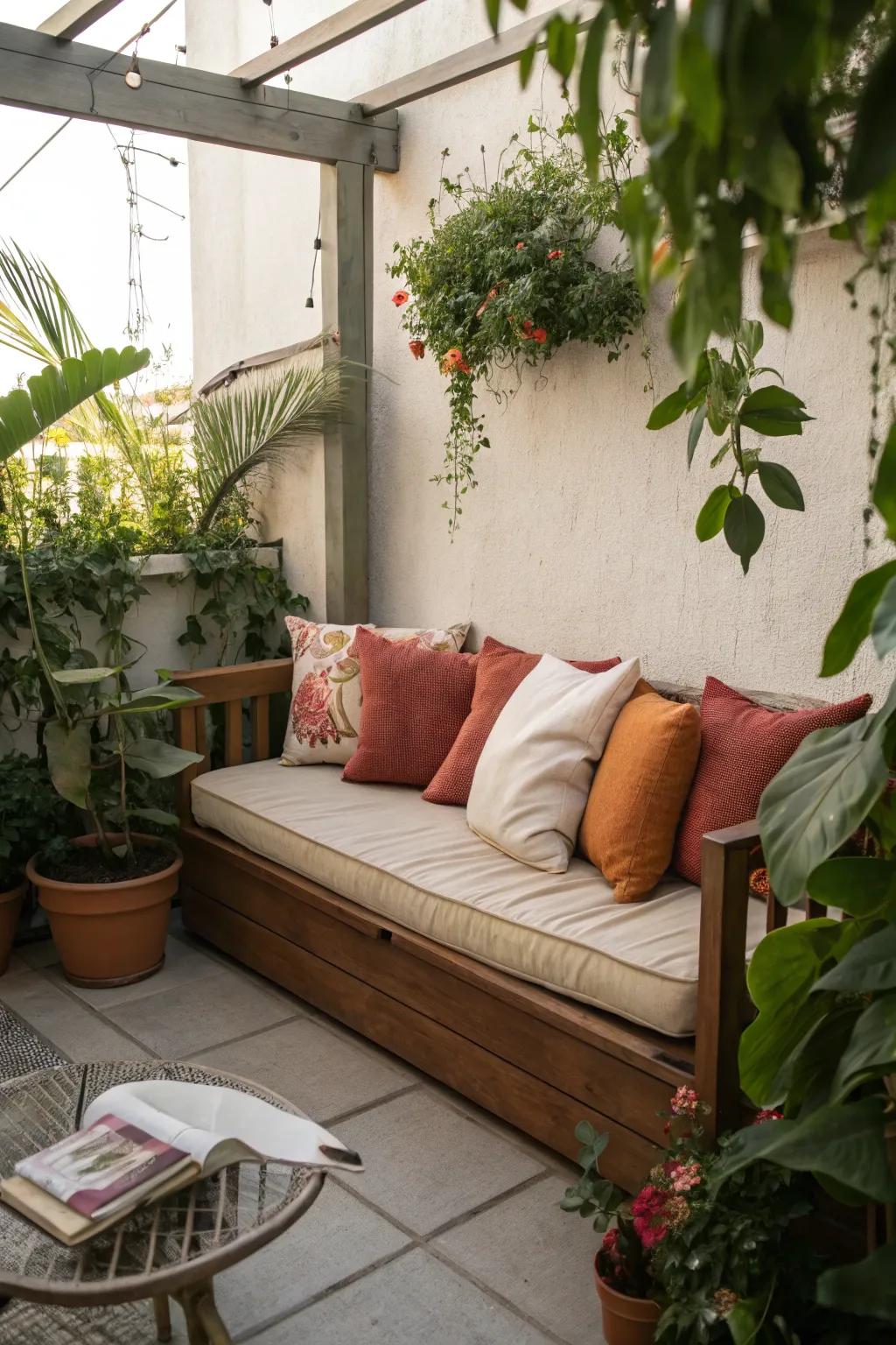 An angle bench fashions a relaxing nook for unwinding.